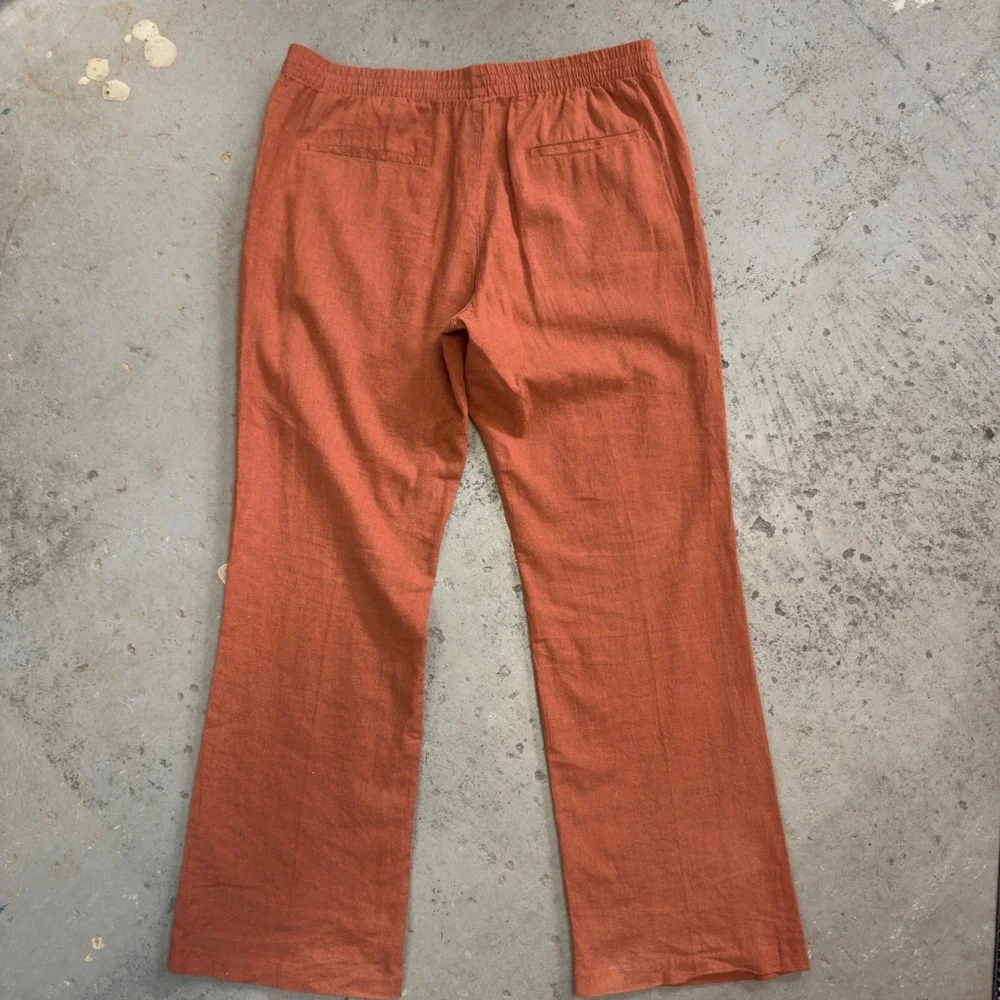 HM Mens Loose Fit Linen Blend Trousers Burnt Orange Elastic Waist Size L